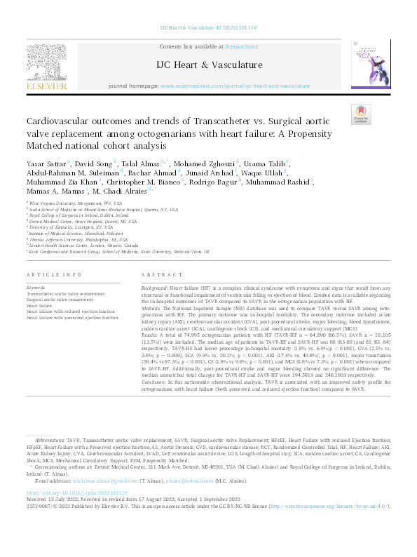 Cardiovascular outcomes and trends of Transcatheter vs. Surgical aortic valve replacement among octogenarians with heart failure: A Propensity Matched national cohort analysis. Thumbnail