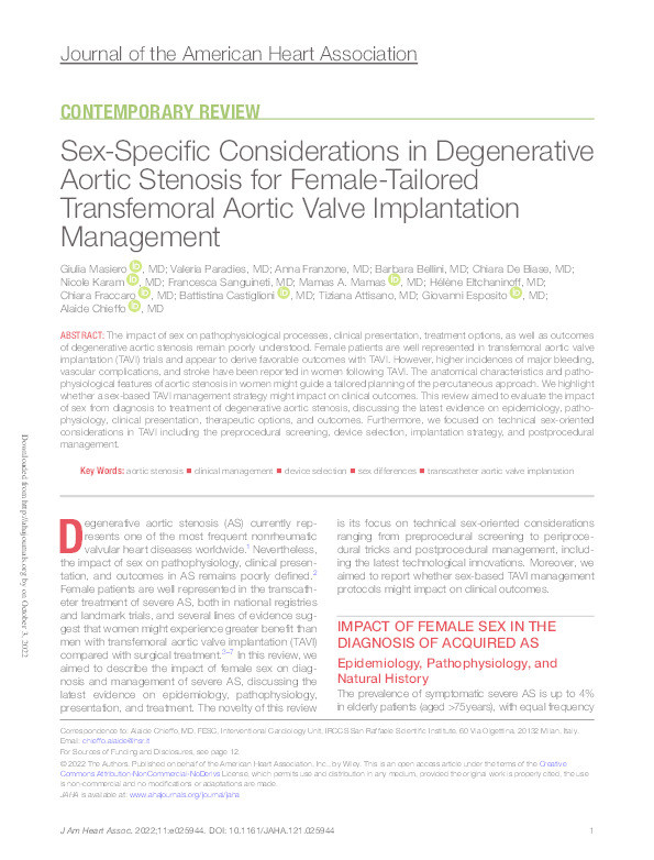 Sex-Specific Considerations in Degenerative Aortic Stenosis for Female-Tailored Transfemoral Aortic Valve Implantation Management. Thumbnail