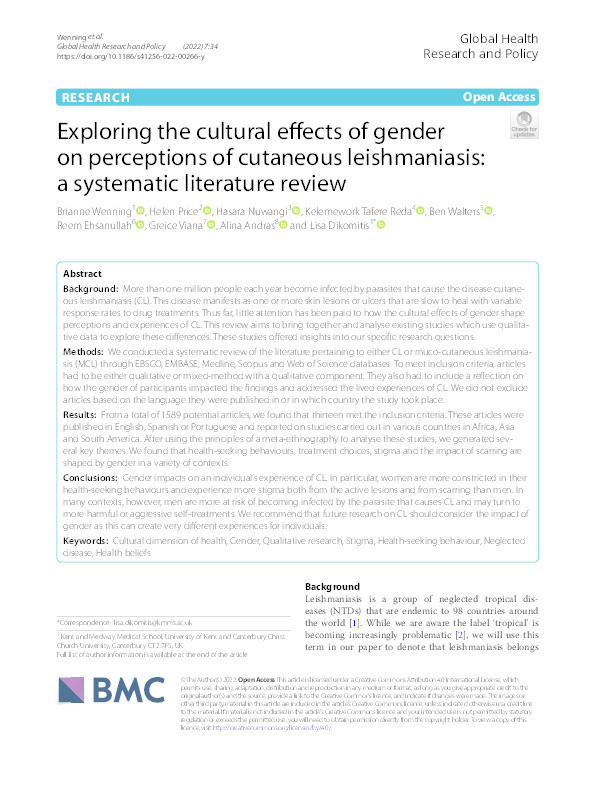 Exploring the cultural effects of gender on perceptions of cutaneous leishmaniasis: a systematic literature review. Thumbnail