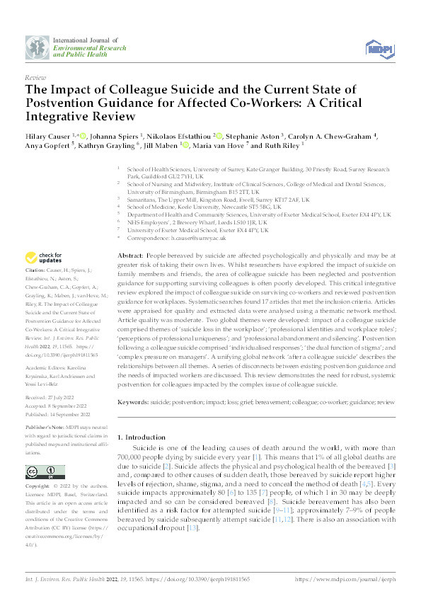 The Impact of Colleague Suicide and the Current State of Postvention Guidance for Affected Co-Workers: A Critical Integrative Review. Thumbnail