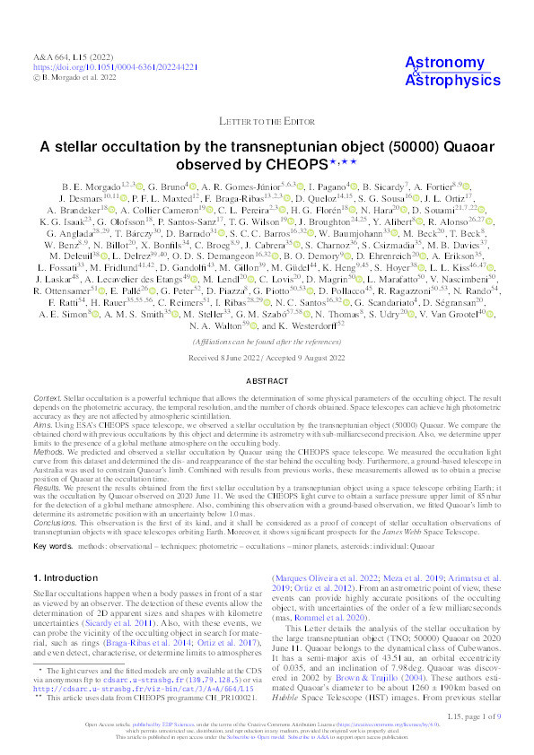 A stellar occultation by the transneptunian object (50000) Quaoar observed by CHEOPS Thumbnail