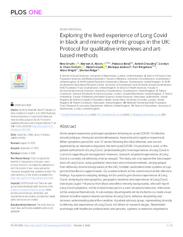 Exploring the lived experience of Long Covid in black and minority ethnic groups in the UK: Protocol for qualitative interviews and art-based methods Thumbnail