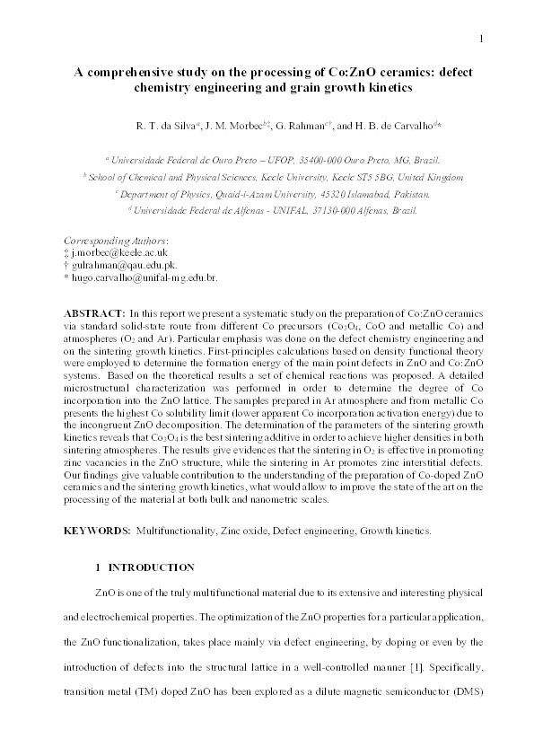 A comprehensive study on the processing of Co:ZnO nanostructured ceramics: Defect chemistry engineering and grain growth kinetics Thumbnail