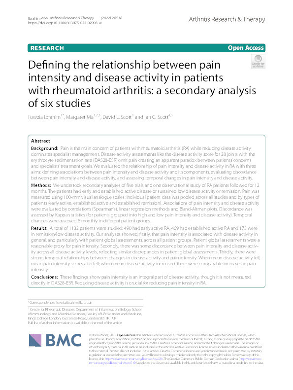 Defining the relationship between pain intensity and disease activity in patients with rheumatoid arthritis: a secondary analysis of six studies Thumbnail