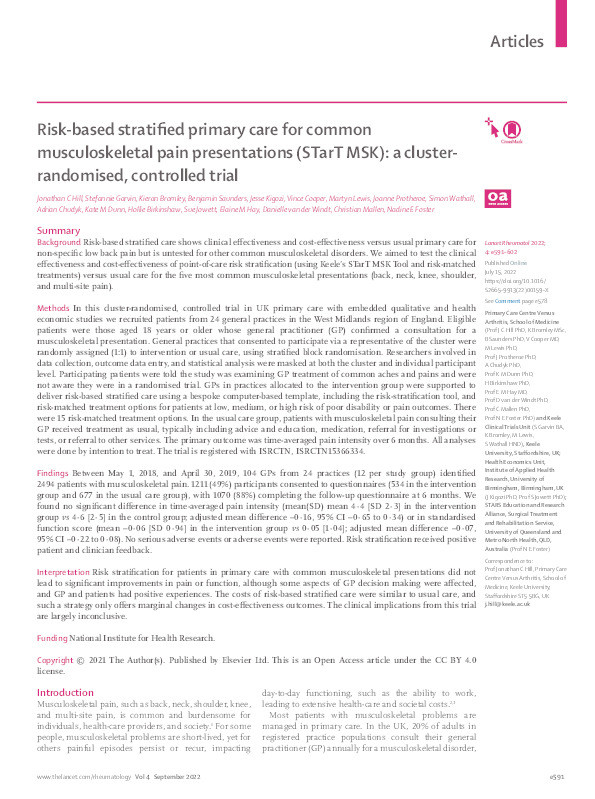 Risk-based stratified primary care for common musculoskeletal pain presentations (STarT MSK): a cluster-randomised, controlled trial Thumbnail