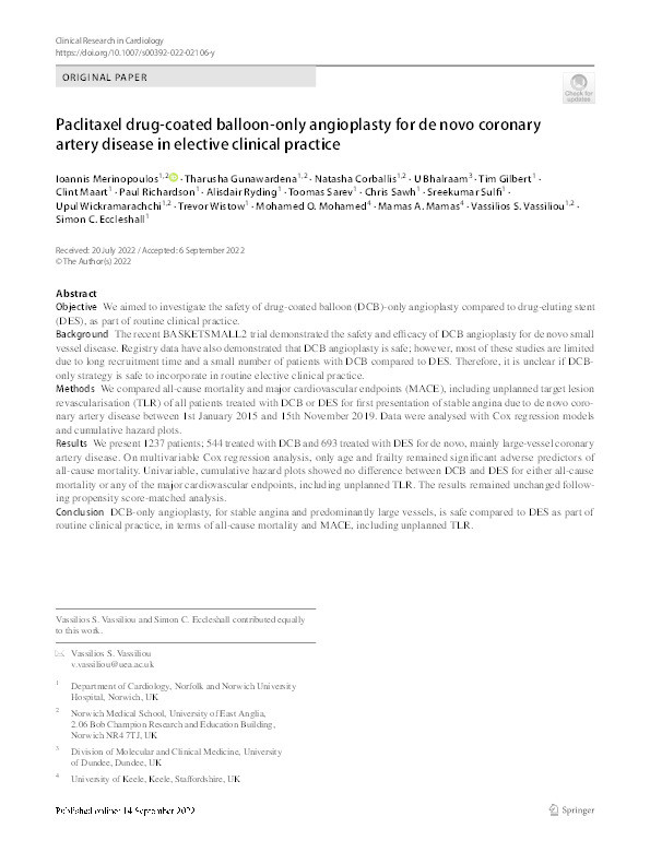 Paclitaxel drug-coated balloon-only angioplasty for de novo coronary artery disease in elective clinical practice Thumbnail
