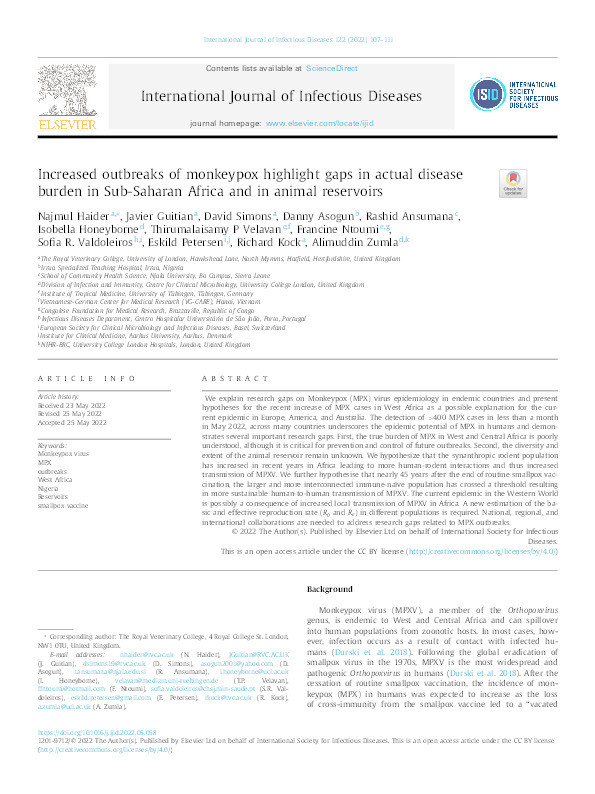 Increased outbreaks of monkeypox highlight gaps in actual disease burden in Sub-Saharan Africa and in animal reservoirs Thumbnail