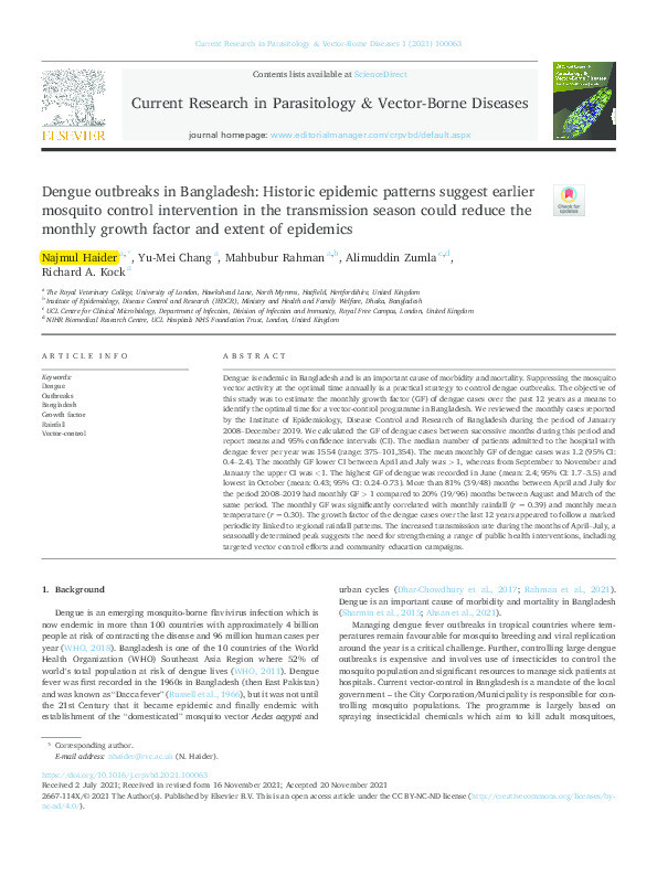 Dengue outbreaks in Bangladesh: Historic epidemic patterns suggest earlier mosquito control intervention in the transmission season could reduce the monthly growth factor and extent of epidemics Thumbnail