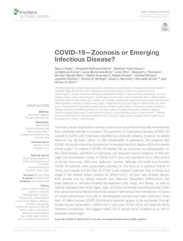 COVID-19—Zoonosis or Emerging Infectious Disease? Thumbnail