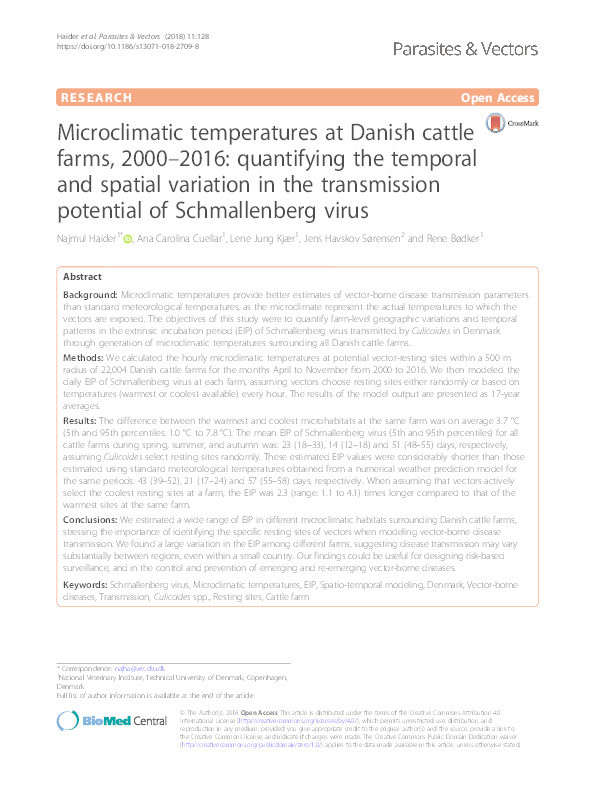 Microclimatic temperatures at Danish cattle farms, 2000–2016: quantifying the temporal and spatial variation in the transmission potential of Schmallenberg virus Thumbnail