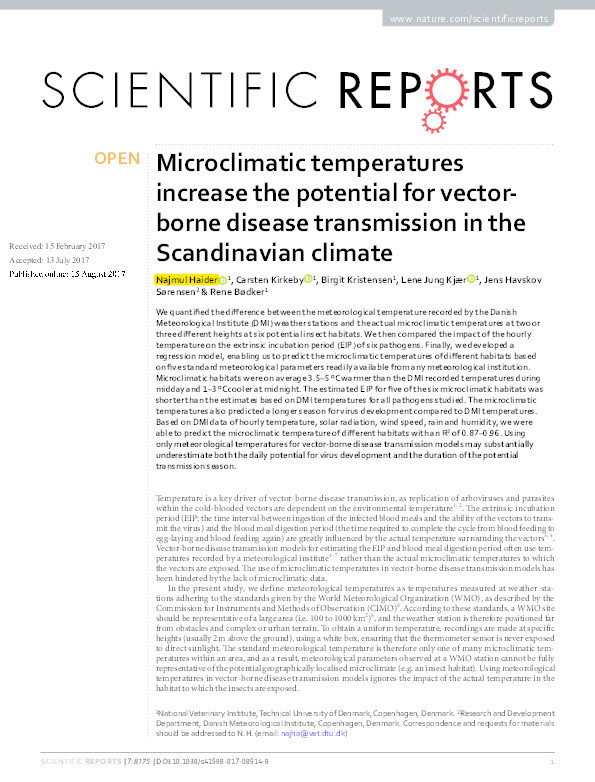 Microclimatic temperatures increase the potential for vector-borne disease transmission in the Scandinavian climate Thumbnail