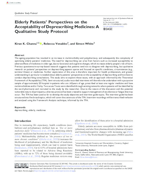 Elderly Patients' Perspectives on the Acceptability of Deprescribing Medicines: A Qualitative Study Protocol Thumbnail