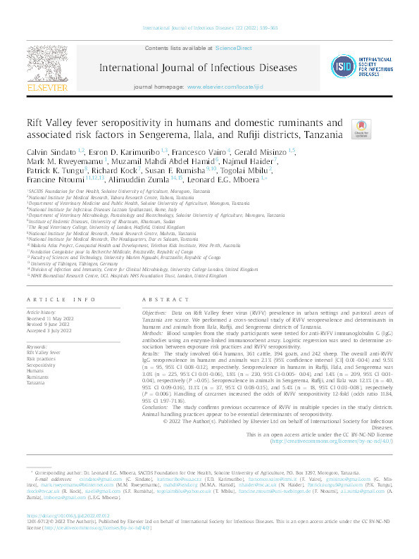Rift Valley fever seropositivity in humans and domestic ruminants and associated risk factors in Sengerema, Ilala, and Rufiji districts, Tanzania Thumbnail