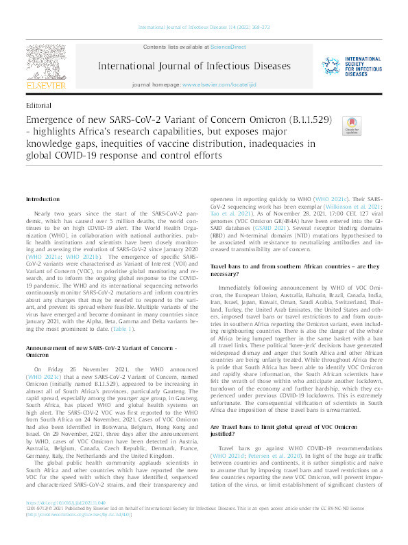 Emergence of new SARS-CoV-2 Variant of Concern Omicron (B.1.1.529) - highlights Africa's research capabilities, but exposes major knowledge gaps, inequities of vaccine distribution, inadequacies in global COVID-19 response and control efforts Thumbnail
