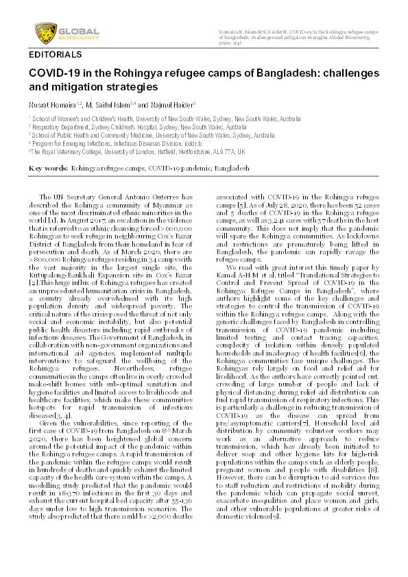 COVID-19 in the Rohingya refugee camps of Bangladesh: challenges and mitigation strategies Thumbnail