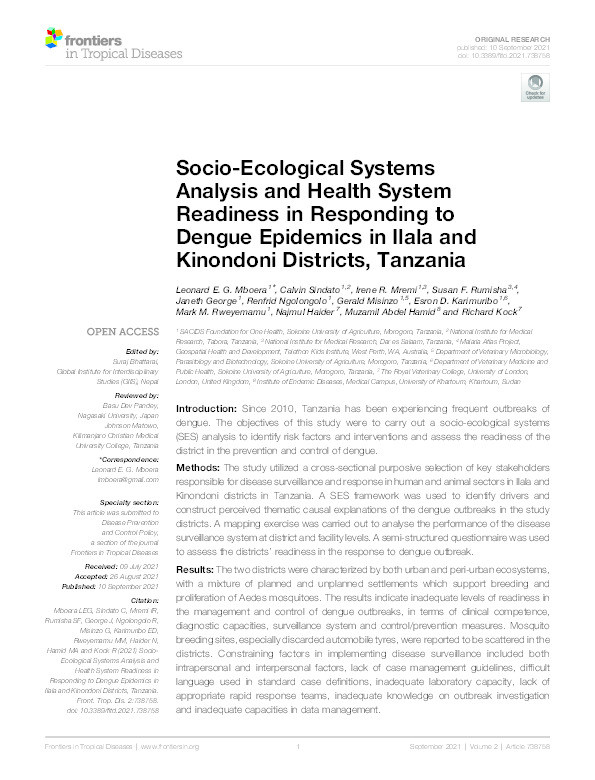Socio-Ecological Systems Analysis and Health System Readiness in Responding to Dengue Epidemics in Ilala and Kinondoni Districts, Tanzania Thumbnail