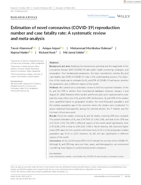 Estimation of novel coronavirus (COVID-19) reproduction number and case fatality rate: A systematic review and meta-analysis Thumbnail