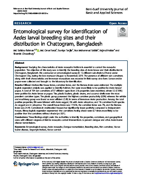 Entomological survey for identification of Aedes larval breeding sites and their distribution in Chattogram, Bangladesh Thumbnail