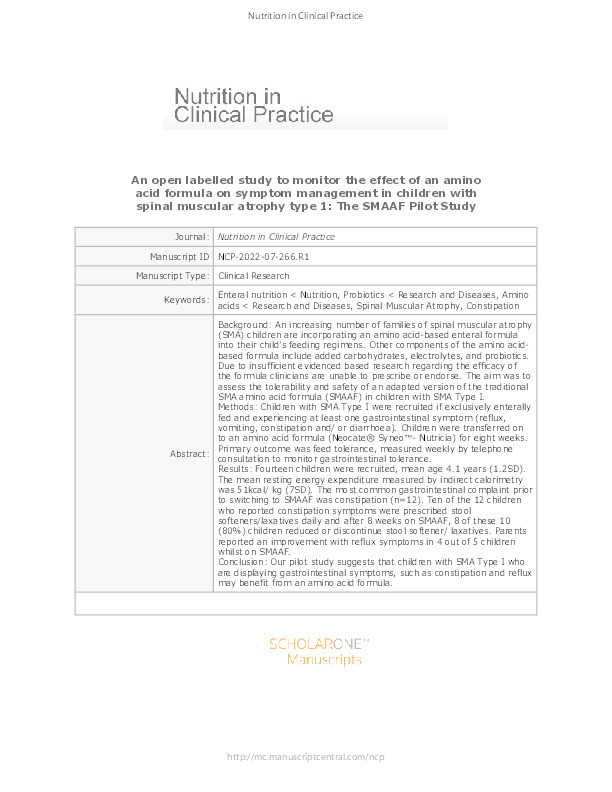 Open‐labelled study to monitor the effect of an amino acid formula on symptom management in children with spinal muscular atrophy type I: The SMAAF pilot study Thumbnail