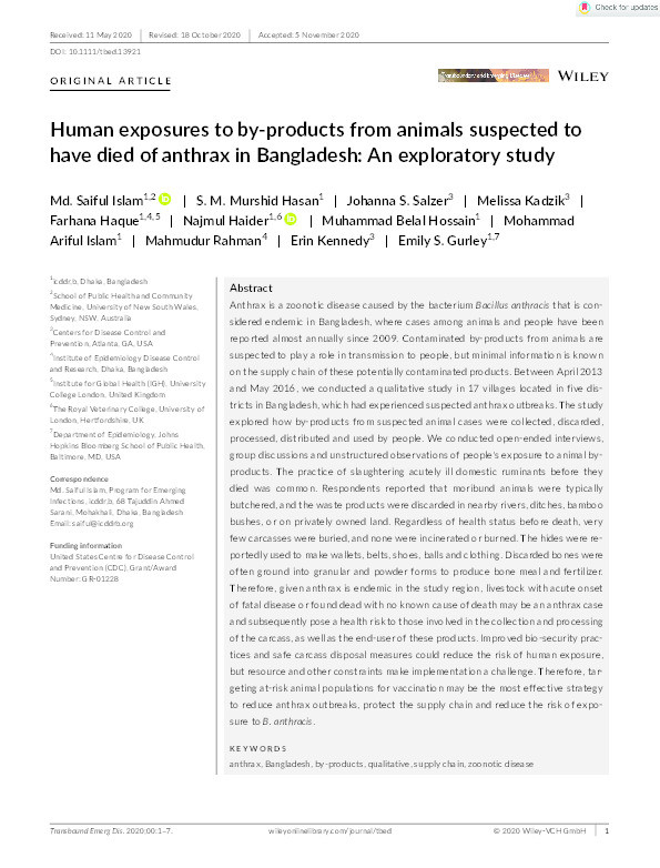 Human exposures to by-products from animals suspected to have died of anthrax in Bangladesh: An exploratory study Thumbnail