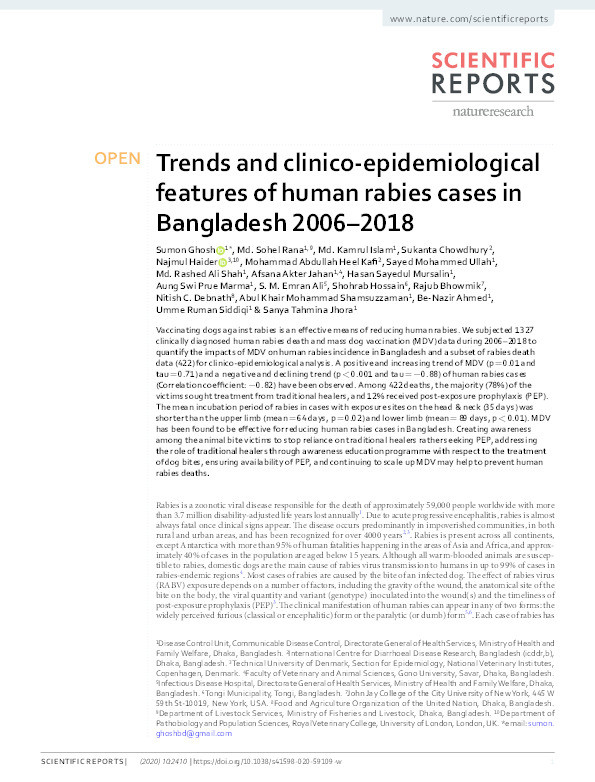 Trends and clinico-epidemiological features of human rabies cases in Bangladesh 2006–2018 Thumbnail