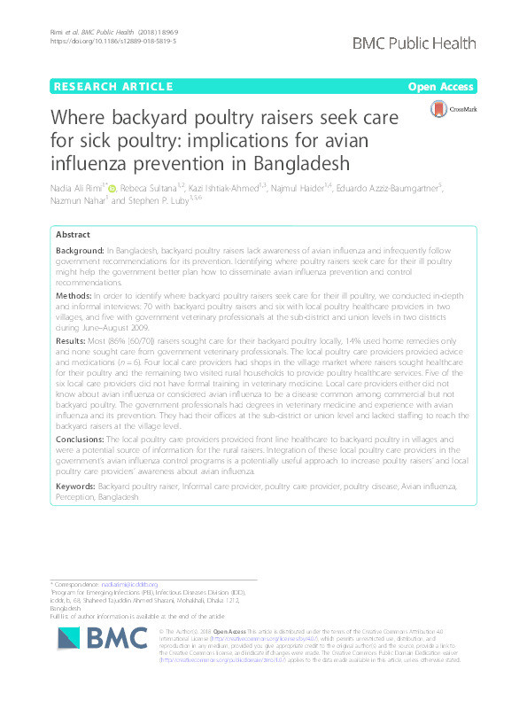 Where backyard poultry raisers seek care for sick poultry: implications for avian influenza prevention in Bangladesh Thumbnail
