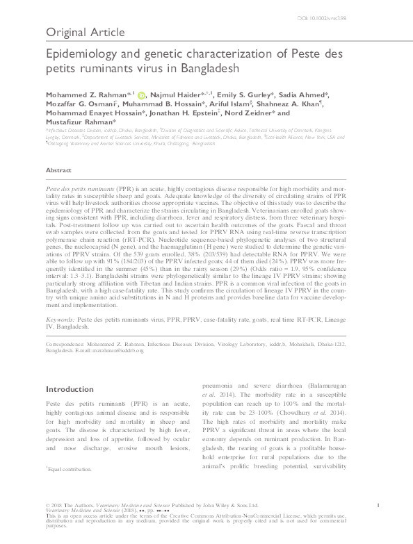Epidemiology and genetic characterization of Peste des petits ruminants virus in Bangladesh Thumbnail