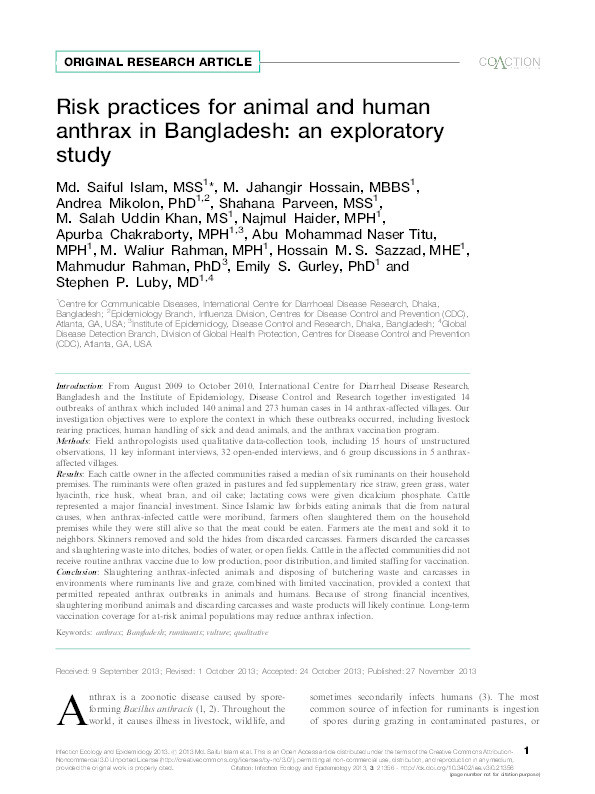Risk practices for animal and human anthrax in Bangladesh: an exploratory study Thumbnail
