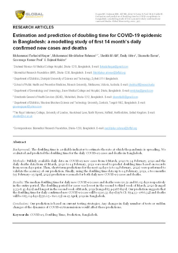 Estimation and prediction of doubling time for COVID-19 epidemic in Bangladesh: a study of first 14 month’s daily confirmed new cases and deaths Thumbnail