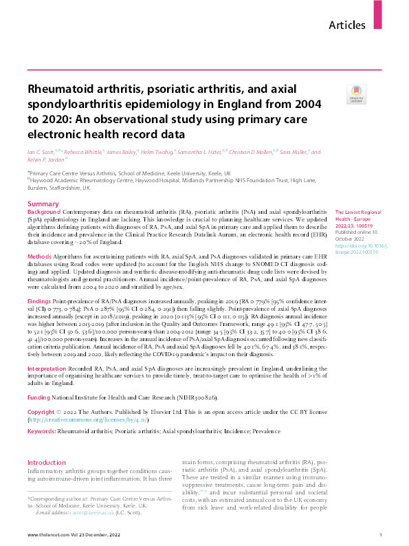 Rheumatoid arthritis, psoriatic arthritis, and axial spondyloarthritis epidemiology in England from 2004 to 2020: An observational study using primary care electronic health record data Thumbnail