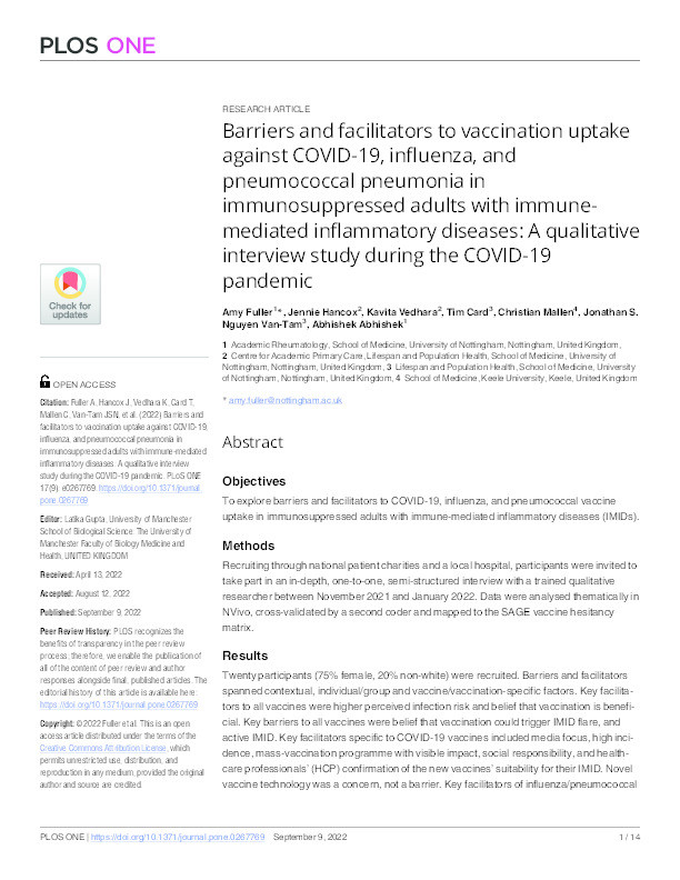 Barriers and facilitators to vaccination uptake against COVID-19, influenza, and pneumococcal pneumonia in immunosuppressed adults with immune-mediated inflammatory diseases: A qualitative interview study during the COVID-19 pandemic. Thumbnail