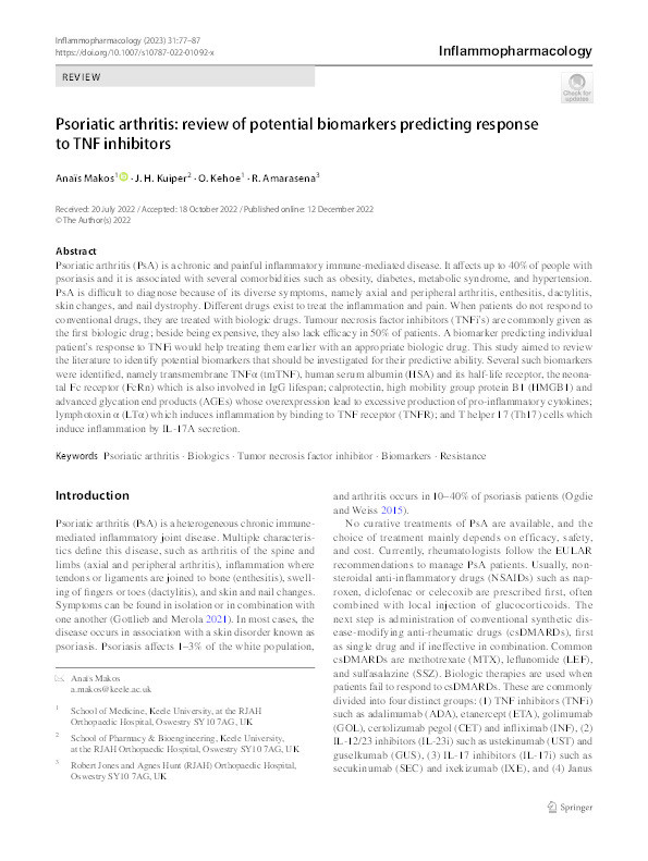 Psoriatic arthritis: review of potential biomarkers predicting response to TNF inhibitors Thumbnail