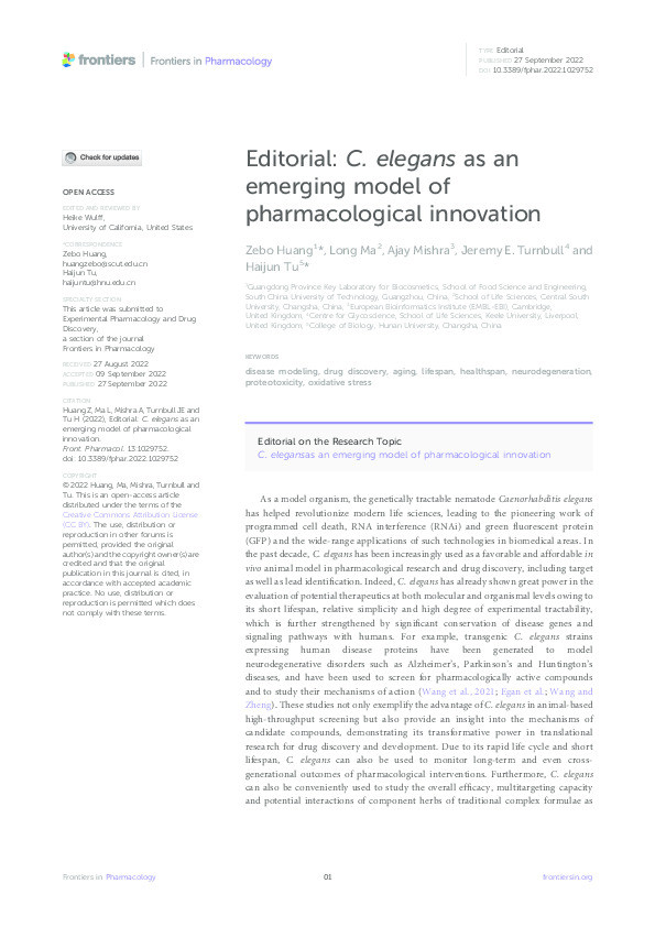 Editorial: C. elegans as an emerging model of pharmacological innovation. Thumbnail
