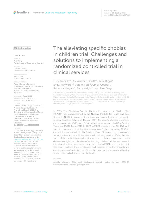 The alleviating specific phobias in children trial: Challenges and solutions to implementing a randomized controlled trial in clinical services Thumbnail