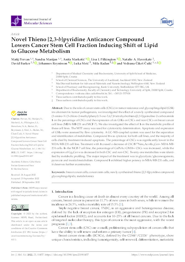 Novel Thieno [2,3-b]pyridine Anticancer Compound Lowers Cancer Stem Cell Fraction Inducing Shift of Lipid to Glucose Metabolism. Thumbnail