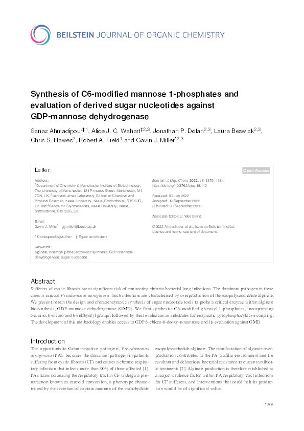 Synthesis of C6-modified mannose 1-phosphates and evaluation of derived sugar nucleotides against GDP-mannose dehydrogenase. Thumbnail