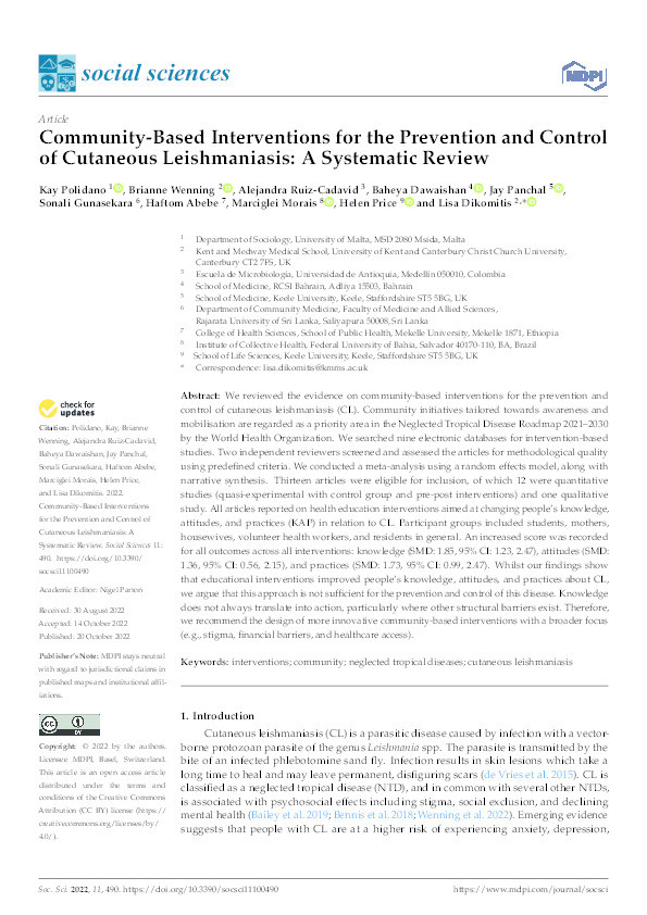 Community-Based Interventions for the Prevention and Control of Cutaneous Leishmaniasis: A Systematic Review Thumbnail