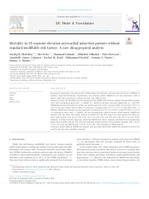 Mortality in ST-segment elevation myocardial infarction patients without standard modifiable risk factors: A race disaggregated analysis. Thumbnail