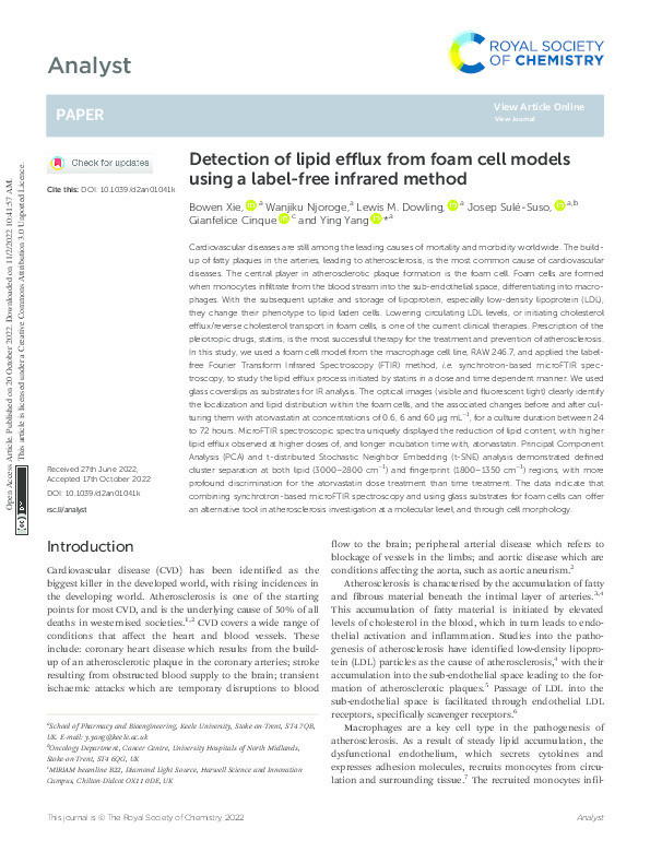 Detection of lipid efflux from foam cell models using a label-free infrared method. Thumbnail