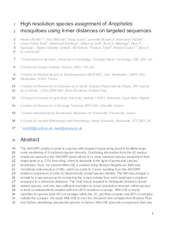 High resolution species assignment of Anopheles mosquitoes using k-mer distances on targeted sequences. Thumbnail