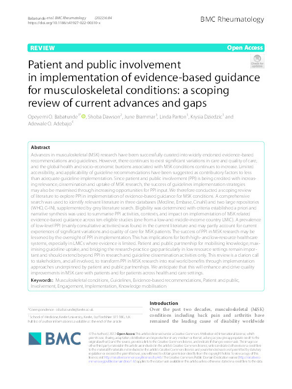 Patient and public involvement in implementation of evidence-based guidance for musculoskeletal conditions: a scoping review of current advances and gaps Thumbnail