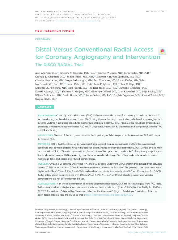 Distal Versus Conventional Radial Access for Coronary Angiography and Intervention: The DISCO RADIAL Trial. Thumbnail