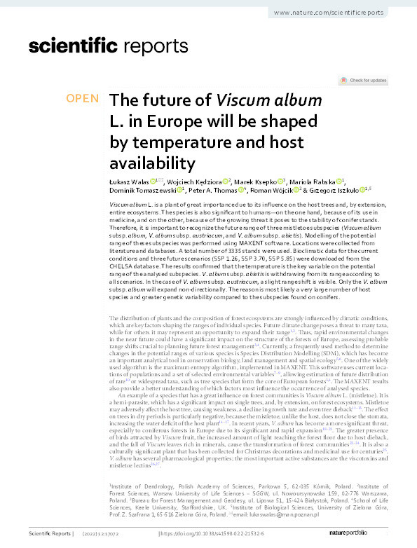 The future of Viscum album L. in Europe will be shaped by temperature and host availability. Thumbnail