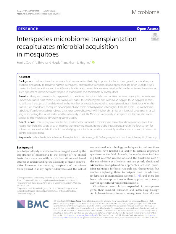 Interspecies microbiome transplantation recapitulates microbial acquisition in mosquitoes Thumbnail