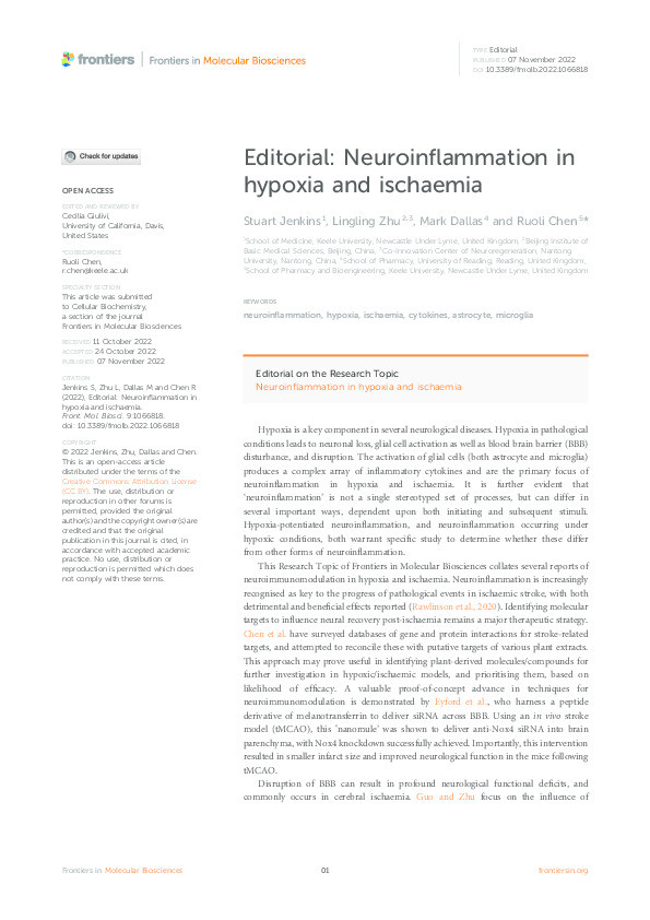 Editorial: Neuroinflammation in hypoxia and ischaemia Thumbnail