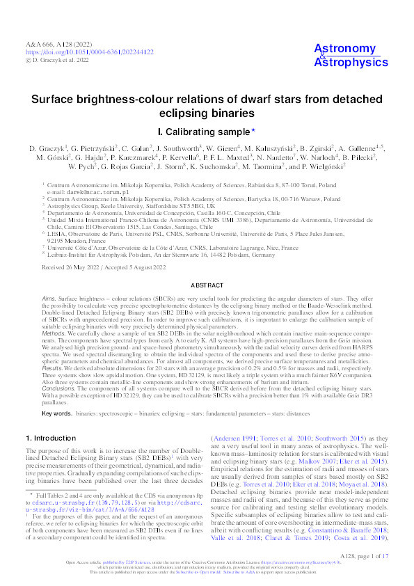Surface brightness-colour relations of dwarf stars from detached eclipsing binaries I. Calibrating sample Thumbnail