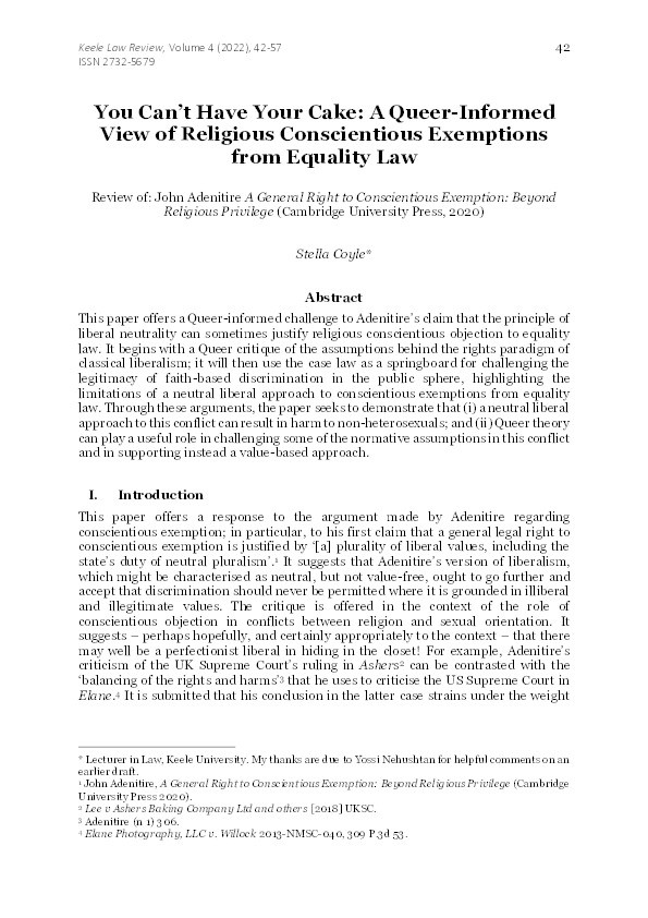 You Can’t Have Your Cake: A Queer-Informed View of Religious Conscientious Exemptions from Equality Law Thumbnail