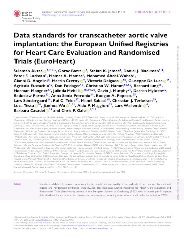 Data standards for transcatheter aortic valve implantation: the European Unified Registries for Heart Care Evaluation and Randomised Trials (EuroHeart) Thumbnail