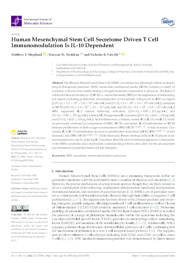 Human Mesenchymal Stem Cell Secretome Driven T Cell Immunomodulation Is IL-10 Dependent Thumbnail
