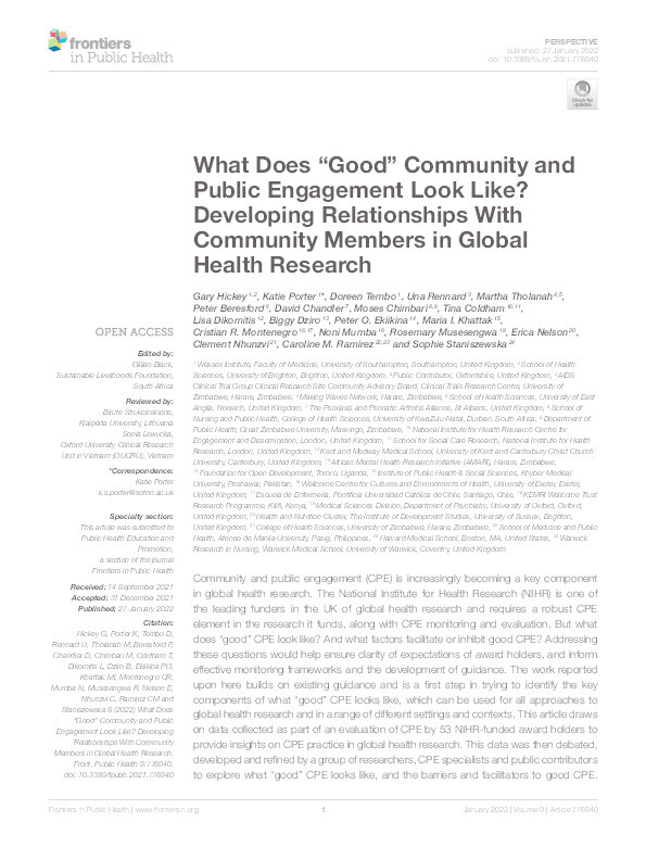 What Does "Good" Community and Public Engagement Look Like? Developing Relationships With Community Members in Global Health Research. Thumbnail